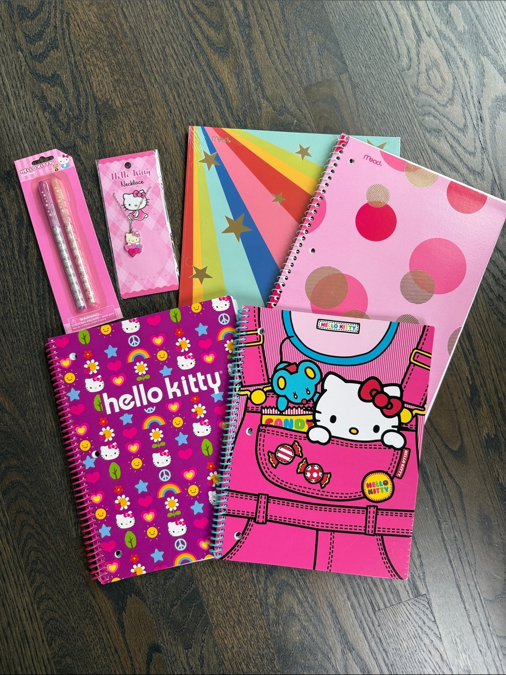Hello Kitty School Lot: 2 Notebooks, PENS, Necklace, + 2 Mead folders & Notebook